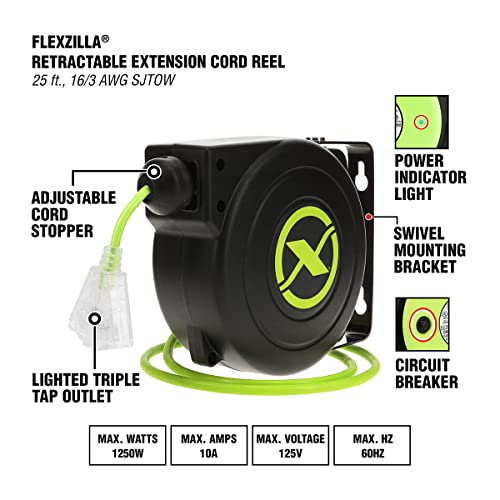 Image of Flexzilla Retractable Extension 16 /3 AWG 25' Electric Cord Reel, ZillaGreen, FZ8160253