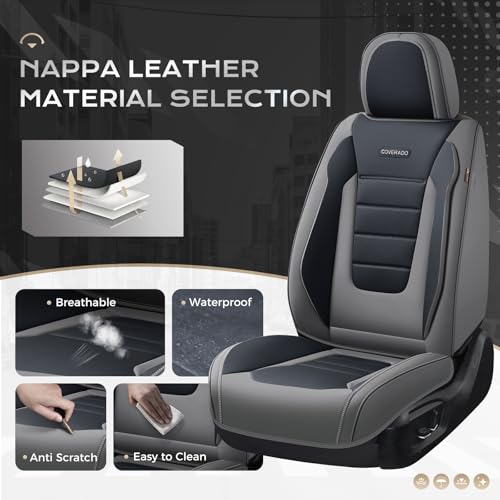 Image of Coverado Car Seat Covers Full Set, Nappa Leather Seat Covers for Cars, Car Seat Protector Car Seat Cushion, Front and Back Seat Protectors Cushions Universal Fit for Most Cars Vehicles(Gray&Black)