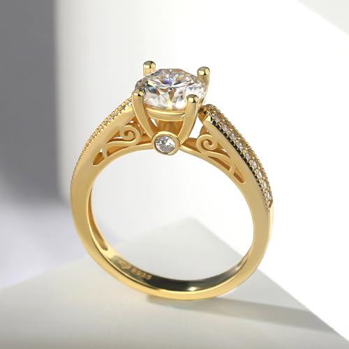 Jeulia Classic Moissanite Engagement Ring for Women; D Color Round Cut 925 Sterling Silver Wedding Ring Yellow Gold CZ Anniversary Promise Rings for Her with Jewelry Gift Box4