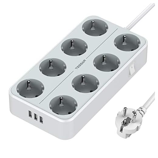 TESSAN Regletas Enchufes con USB, Alargador Enchufes con 8 Enchufes y 3 USB Tomas, Base Enchufe Múltiple Compatible con Phone Pad, Multiple Enchufes para Casa, Oficina, 2m, Blanco y Gris