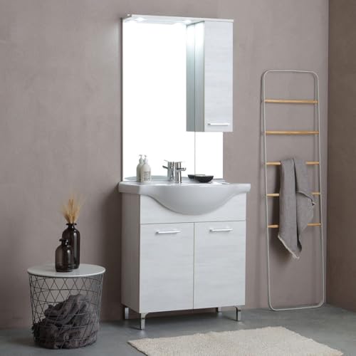 Kiamami Valentina - Mobile bagno a terra 75cm 2 ante quercia bianco e specchio con pensile Rimini