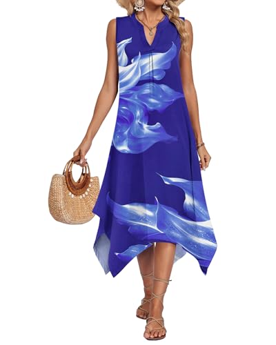 Image of AUSELILY Womens Summer Midi Dress V Neck Sleeveless Casual with Pockets | Flowy womens summer dress with asymmetrical hem, great for beach, vacation and daily wear