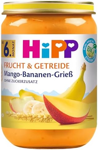 HiPP Bio Frucht & Getreide Mango-Bananen-Grieß, 6er Pack (6 x 190g)
