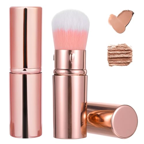 2 Pack Retractable Kabuki Brushes Small Portable Travel Blusher Makeup Brush with Cover for Liquid Foundation Powder Bronzer Professional Face Concealer for Women