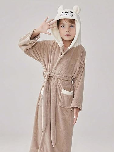 Image of DIVYAM Unisex Kids Bathrobe for 6-12 Years - 425 GSM Double Sided Soft Fleece Coral Velvet Material | Brown Hooded with White Bear | Lightweight & Quick Dry | Ideal for Bath, Pool & Beach