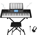 Technical Pro 61 Keys Electric Piano Learning Keyboard Bundle with Seat, Stand and Mic, 3x Learning Mode, Built In Speaker Headphone, LCD Display, LED Lights, Seat/Stand Included, USB, Wired Mic