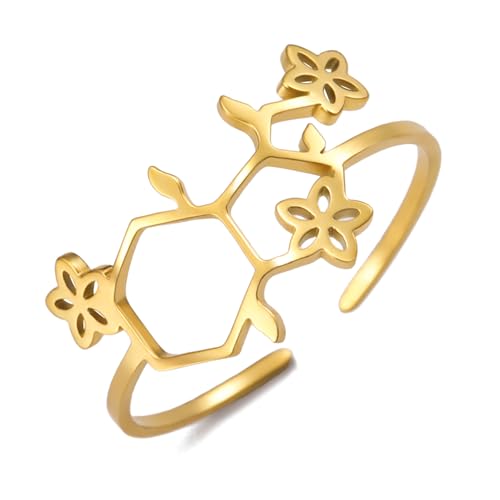 TEAMER Anillo de molécula de serotonina de flor Anillo de serotonina redimensionable de acero inoxidable Joyería de felicidad de ciencia química de moda para mujeres y hombres (Oro, Ajustable)