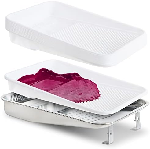 Metal Paint Tray and Liner Set, 9 Inch Paint Roller Trays, Paint Pans Trays, Pack Includes 1 Metal Tray and 10 Plastic Disposable Paint Liners, Fit 9" Painting Rollers, 1-Quart Capacity (10 Pack)
