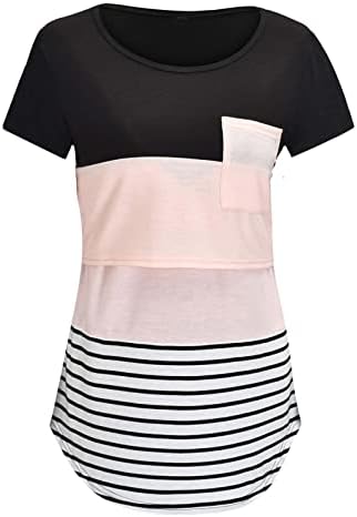 Women's Maternity Nursing Tops Short Sleeve Side Breastfeeding Shirt Stripe Round Neck Blouse with Pocket, Pink