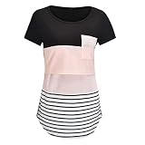 Women's Maternity Nursing Tops Short Sleeve Side Breastfeeding Shirt Stripe Round Neck Blouse with P