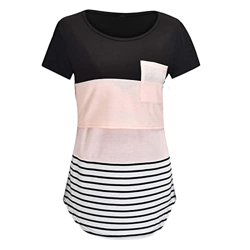 Women's Maternity Nursing Tops Short Sleeve Side Breastfeeding Shirt Stripe Round Neck Blouse With Pocket, Pink #TOP28