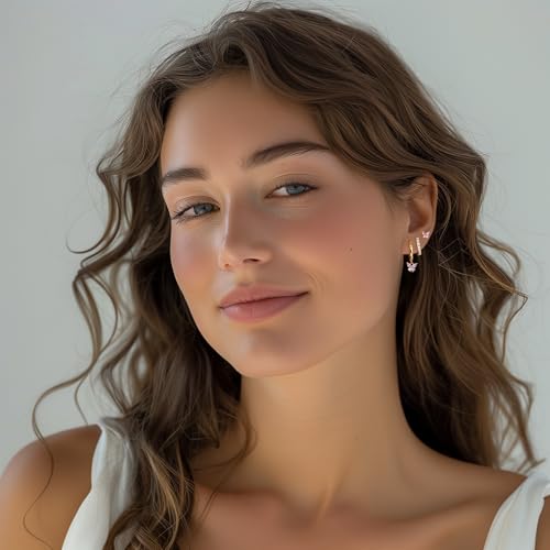 14K Gold Plated Hoop Earrings for Women, Dainty Pink Butterfly Star Sun Heart Hoop Earring Sets with S925 Sterling Silver Post, Pink Earring Stacks Jewelry for Women Trendy2