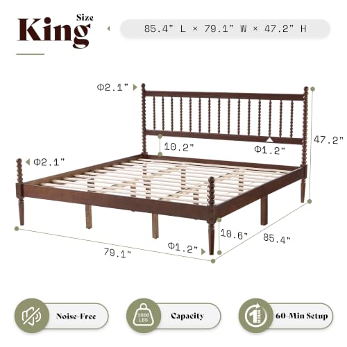 Image of AMERLIFE King Solid Wood Bed with Bobbin Spindle Headboard, Dark Walnut