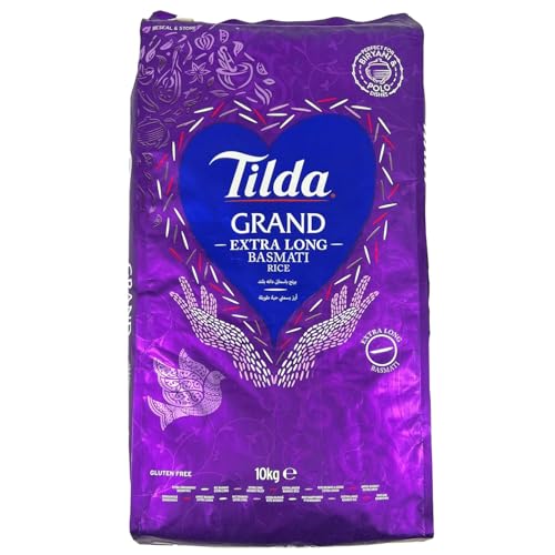 Tilda Grand Basmati Reis 10kg Extra langer Premium Langkorn Basmati Reis ideal für Biryani & Polo Perfekte Körner aus dem Himalaya Großverpackung für besondere Anlässe mit Kajal Sticker