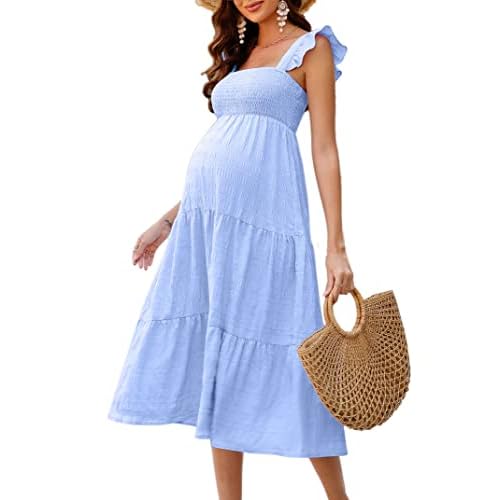 KOJOOIN Womens Maternity Dress Summer Sleeveless Smocked Square Neck Ruffle Casual Boho Midi Dress Baby Shower Photoshoot, Large, Light Blue