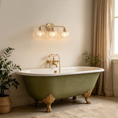 Image of Bathroom Light Fixtures Gold Vanity Light 3 Light Brushed Brass | Wall Sconces Lighting with Seeded Globe Glass Shades Bath Wall Lamp for Mirror Kitchen Living Room Bedroom Hallway