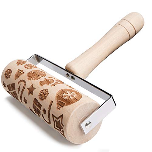 LOVEXIU Navidad Rodillo Amasar,Rodillo de Grabación en Relieve,Navidad de Madera Embossing Rolling Pin,Natural Rodillos en Relieve Hornear Galletas en Relieve para Galletas, Pasteles Nieve