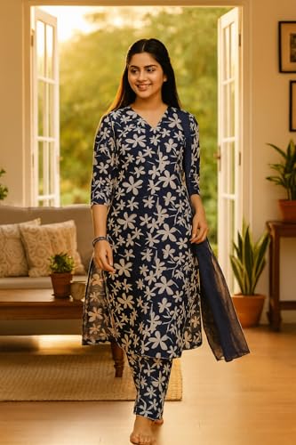 Image of Vlazom Women's 3-Piece Cotton Cord Set with Matching Bag | Floral Printed Co-Ord Set with Kurta Top & Pants | Ethnic Cotton Coord for Women