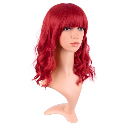 Image of MapofBeauty 14 Inch /35 cm Short Wavy Curly Women Fresh Bright Synthetic Ordinary Flat Bangs Bob Wig (Bright Red)