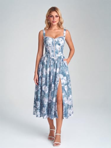 Image of KUTUMAI Floral Corset Midi Dress Flowy Slit Summer Spring Wedding Guest Dresses for Women Sundress with Pockets