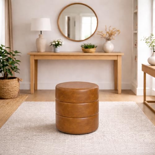 Image of HomePop 18 inch Round Ottoman - Camel Brown Faux Leather