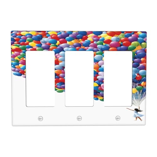 Decorative Outlet Covers Girl Holding Colorful Balloons 3 Gang Wall Plate Triple Rocker Light Switch Cover Plate Jumbo Electrical GFCI Faceplate for Country Bedroom Home Decor