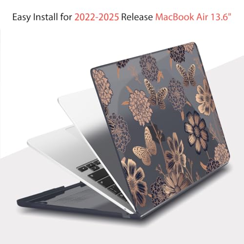 Teryeefi for MacBook Air M2 M3 M4 13.6 Case 2022 2023 2024 2025 Release A2681 A3113 A3240, Clear Hard Shell with Keyboard Cover & USB 3.0 Adapter & Screen Protector, Gold Floral Butterfly