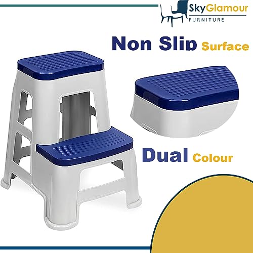 Image of SKYGLAMOUR 2 Step Plastic Multi-Purpose Step Stool for Kitchen | Office&Home Use with Weight Bearing Capacity of 120 Kg |2 Step Stool for Home| Color: Blue; Pack of 4