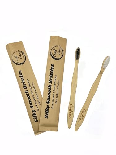 Crust Care Biologisch abbaubare Bambus-Zahnbürste, Familienpackung (5er-Pack) mit farbigen Borsten, einzeln verpackt + 1 Zungenreiniger aus Bambus – Mundpflege-Set – Bild 5