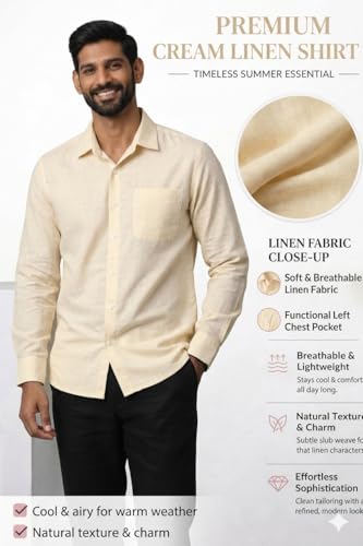Image of Men's Linen Blend Shirt | Breathable Summer Shirt for Men | Full Sleeve Casual | Classic Fit Solid | Lightweight Comfortable | Summer Classics Collection