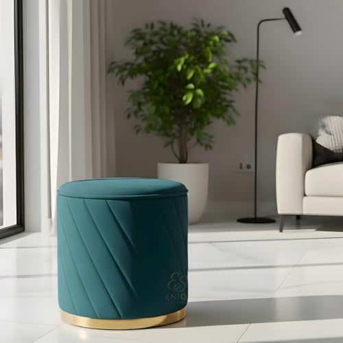 Image of Premium Velvet Ottoman Stool | Modern Round Pouffe with Gold Base | Multipurpose Seating | Living Room & Bedroom Decor (Aqua Set of 2)