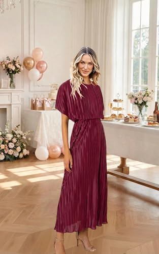 Image of ECOWISH Women Maxi Dresses Cocktail Party Wedding Guest Formal Pleated Long Dress Short Sleeve Slit Empire Waist Evening Gown