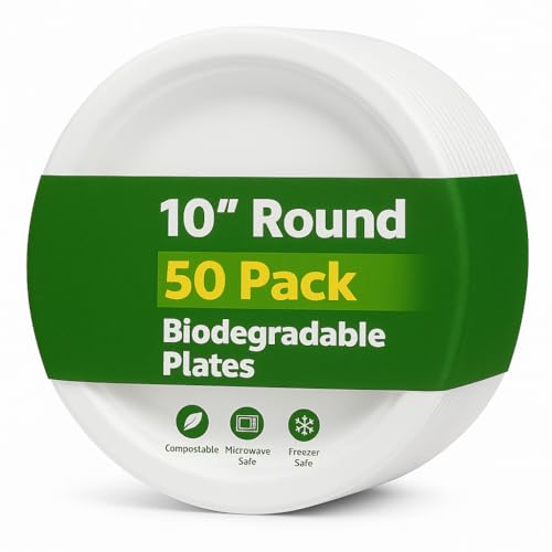1ABOVE 50 Pack Extra Strong White Disposable Bagasse Plates, 100% Compostable and Biodegradable, Made from Sugarcane Fibre, Perfect for BBQ, Wedding, Office, Picnics and Parties (10 INCH)