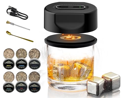 Electric Whiskey Smoker Kit with Lighter, 4 Reusable Ice Cubes, 6 Flavors Wood Chips,Cocktail Smoker Kit with USB Charging,Old Fashioned Smoker kit, Gifts for Men,Dad,Husband-Bar Sets