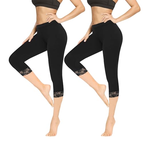 Geyuwoz Leggings Mujer 3/4 Talle Alto Capri Leggins Opacos Capri Pantalón Verano Algodón Leggings con Encaje Pantalón Deportivo Leggins 7/8 para Mujer Yoga Gimnasio Negro Pack de 2 M