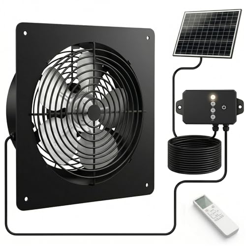 ORQEMG Solar Powered Fan with Battery Backup, 15W Monocrystalline Panel, 12V 4000mAh Control Box, Remote Control, 3 Modes, Adjustable Speed Ventilation Fan for Chicken Coop, Greenhouse, Shed, Attic