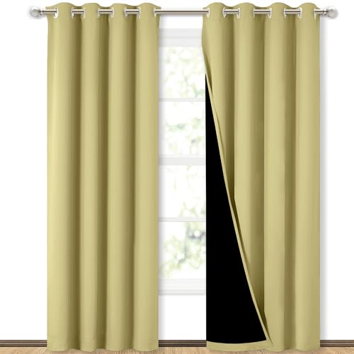 Image of NICETOWN Full Shading Curtains 90 inch Long 2 Panels Set for Windows, Super Heavy-Duty Black Lined Blackout Curtains for Bedroom, Privacy Assured Window Treatment (Paler Yellow, Pack of 2, 52 inch W)