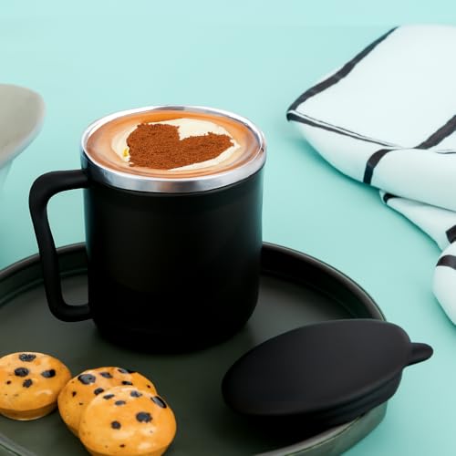 Image of XMART India Insulated Stainless Steel Coffee Mug with Lid - 300ml Double Wall Tea & Milk Mug for Travel, Home, Office, Restaurant Stylish, Leakproof, Drinkware Gifts for Woman,Man (1, Black)