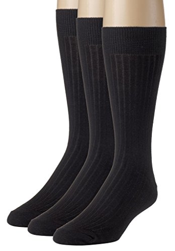 Men's Socks Soft Ribbed Knit Classic Cotton Mid-Calf Crew Dress Socks 3 Pack - Black (13-15)