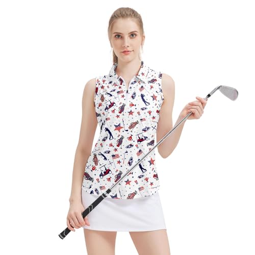 Womens Patriotic Golf Shirt American Flag Sleeveless Quick Dry Zip Up Polo Shirts for Women Lightweight USA Tennis Athletic Tank Top Golf Apparel