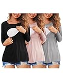 Ekouaer Women 3 Packs Nursing Shirts Long Sleeve Maternity Tops Double Layer Breastfeeding Tees Round Neck Pregnancy Blouse Black+Medium Gray+Dirty Pink L