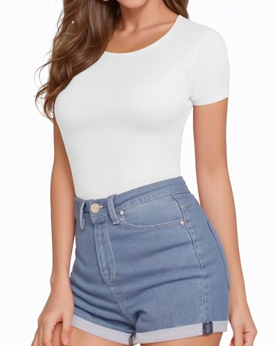 ALGALAROUND Bodys für Damen Body Kurzarm Eng Bodysuit mit Classic Rundhalsausschnitt Baumwolle ELegant Damenbody Women T-shirts Tops Oberteil Weiß XS