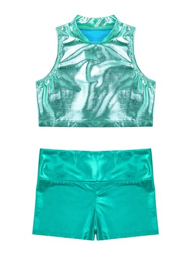 easyforever Kids Girls Metallic Gymnastics Dance Tracksuit With Shorts Dance Leotard 2 Piece Jazz Hip Hop Sport Outfits Blue Green 14 Years3