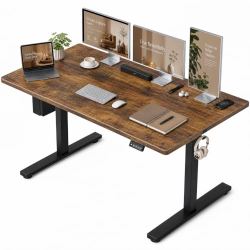 Image of Grandder 55x32 Extra-Deep Electric Standing Desk, Wide Desktop Fits 49 inch Ultrawide Monitor+Dual Screens, 176 lbs Capacity, 2 Memory Presets, Computer Desk for Home Office & Gaming, Rustic Brown