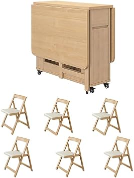 Wooden Folding Dining Table Set, Extendable Drop Leaf Table with 6 Chairs for Kitchen, Dining Room, Living Room, Restaurant