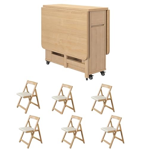oiakus Wooden Folding Dining Table, Folding Kitchen Table Set, Extendable Wooden Drop Leaf Table With 6 Chairs, for Kitchen Dining Room Living Room Restaurant， Beige-1.4m
