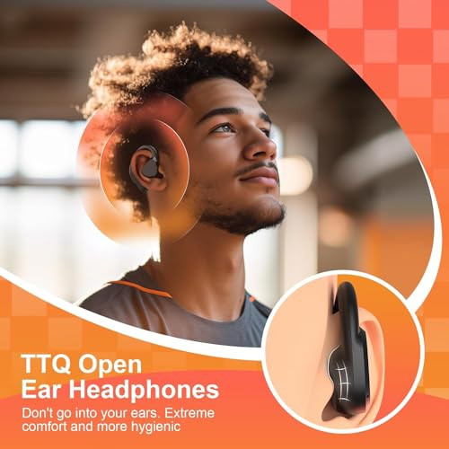 Image of TTQ Open Ear, Open Ear True Wireless Headphones Bluetooth 5.3, Sports with Earhooks & Mic, 60H Playtime, Wireless Charging Case & LED Display, Waterproof for Running, Workout、