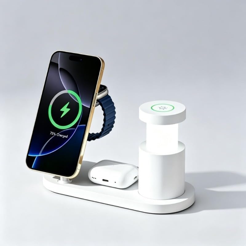 Qi2 25W 4-in-1 Fast Charging Stand with Night Light for Samsung and Apple Device 17e/17/16/15/14/13/12/Air Series, Apple Watch &AirPods (White)
