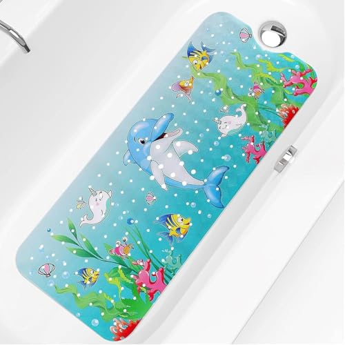 Badewannenmatte,Antirutschmatte Badewanne,Duschmatte rutschfest,mit Saugnäpfen, Aufhängern und Ablauflöchern, Maschinenwaschbar,Quadratisch(Delfin-100x40cm)