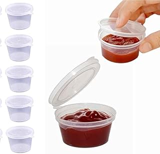 CafeTEq Clear Round Hinged 4oz Pots with Lids Chutney Ketchup Container with lid Sauce Pots Ideal for Takeaways Restaurants (50 Pack) (4oz)